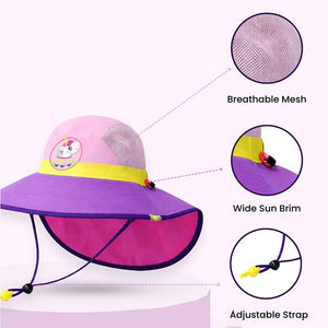 Purple & Pink Unicorn Patch Breathable Mesh Wide Brim Sun Hat for Kids & Toddlers with Adjustable Strap - 2 - 5 Years Swim