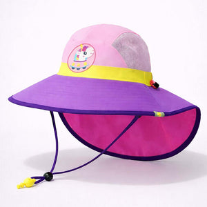 Purple & Pink Unicorn Patch Breathable Mesh Wide Brim Sun Hat for Kids & Toddlers with Adjustable Strap - 2 - 5 Years Swim