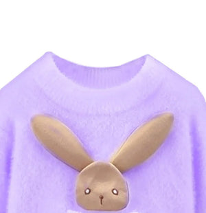Purple with 3d Bunny Kids Cardigan Sweater, Round Neck - Little Surprise BoxPurple with 3d Bunny Kids Cardigan Sweater, Round Neck