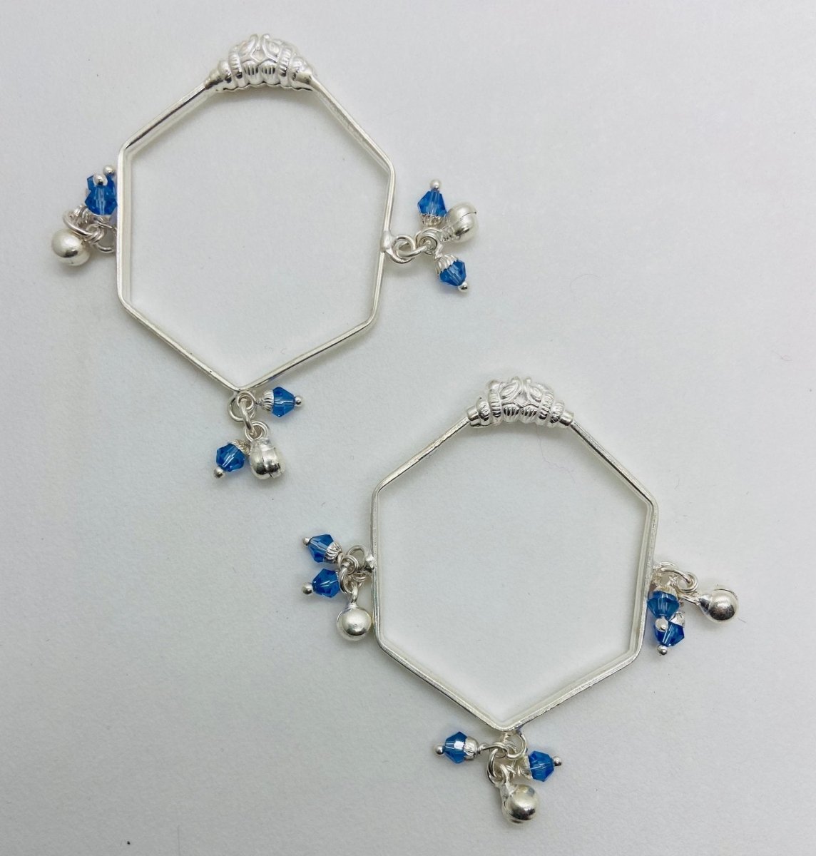 Pushker Badri Sarraf Blue Hexagon Pure Silver Baby Bracelets/Kada- (Set of 2) - KADA-BLHX