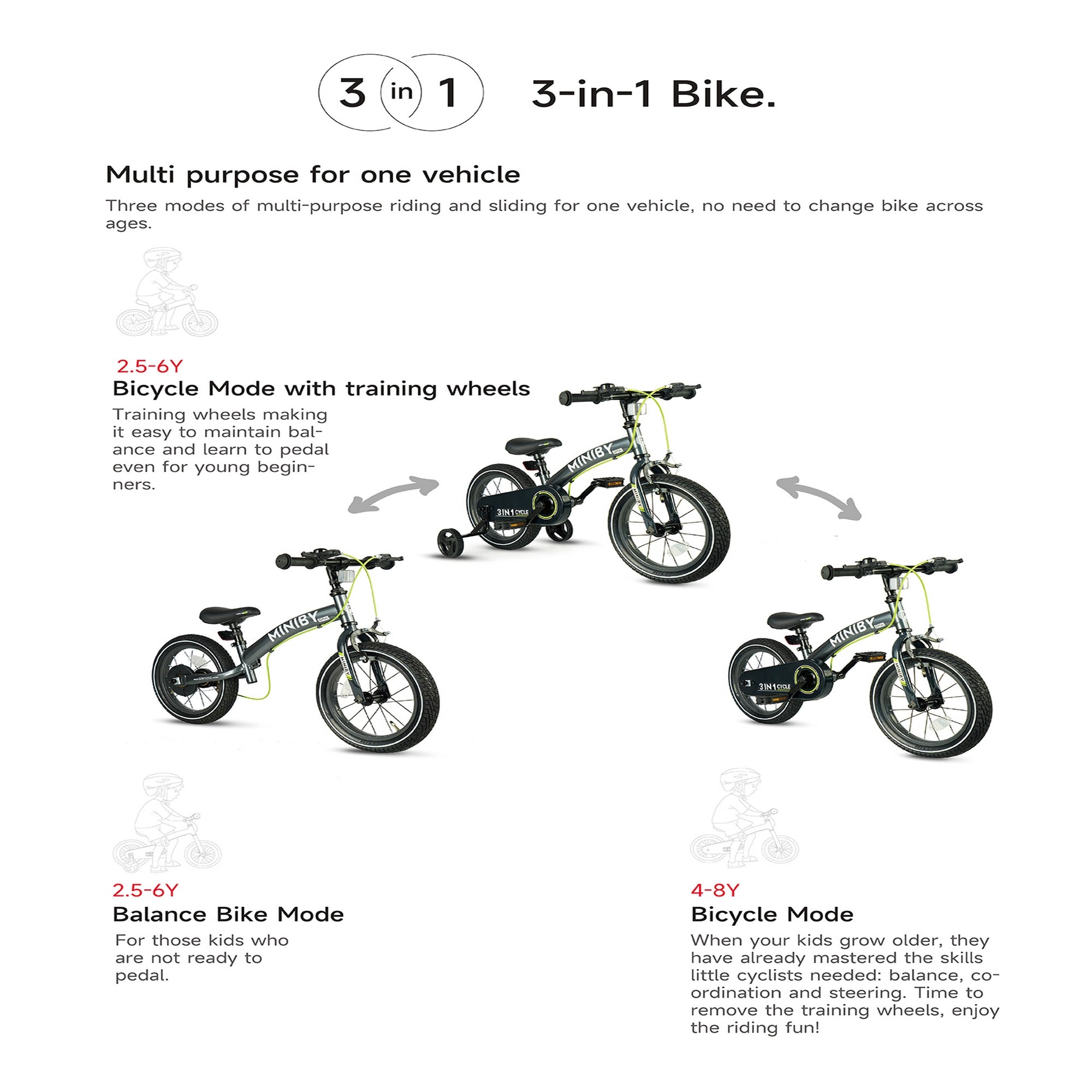 Qplay Bikes/Bicycle 14 "Miniby Air 1.5 Years to 8 Years - CB - 01 - GY