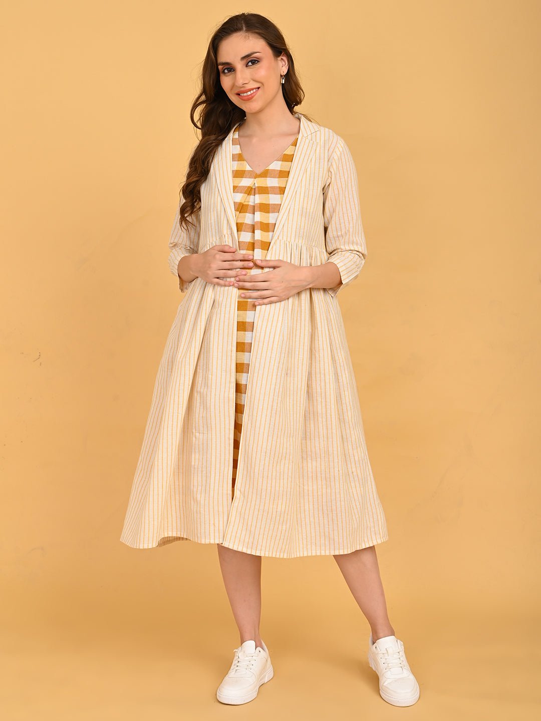 Quiet Grid Maternity and Nursing Shacket Dress full-length front view of maternity dress styled with long striped shacket.