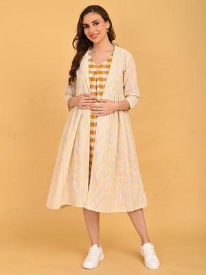 Quiet Grid Maternity and Nursing Shacket Dress full-length front view of maternity dress styled with long striped shacket.