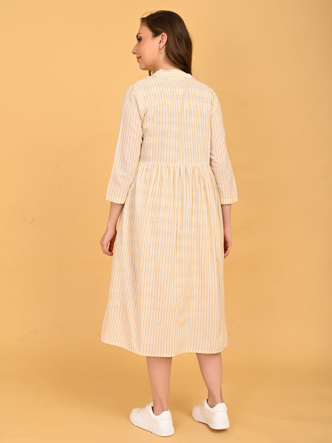 Quiet Grid Maternity and Nursing Shacket Dress back view of long striped shacket layer with relaxed maternity fit.