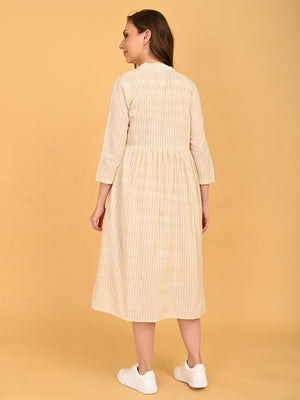 Quiet Grid Maternity and Nursing Shacket Dress back view of long striped shacket layer with relaxed maternity fit.