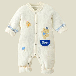 Quilted Cream & Blue Winterwear, full sleeves Romper for Tiny Toddlers - 12 - 18 Months Winter Wear