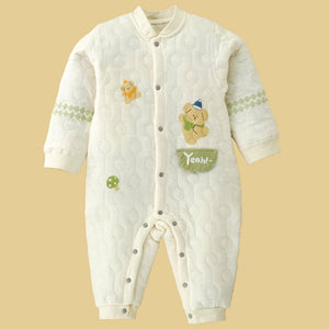 Quilted Cream & Green Winterwear, full sleeves Romper for Tiny Toddlers - 12 - 18 Months Winter Wear