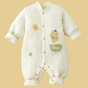Quilted Cream & Green Winterwear, full sleeves Romper for Tiny Toddlers - 12 - 18 Months Winter Wear