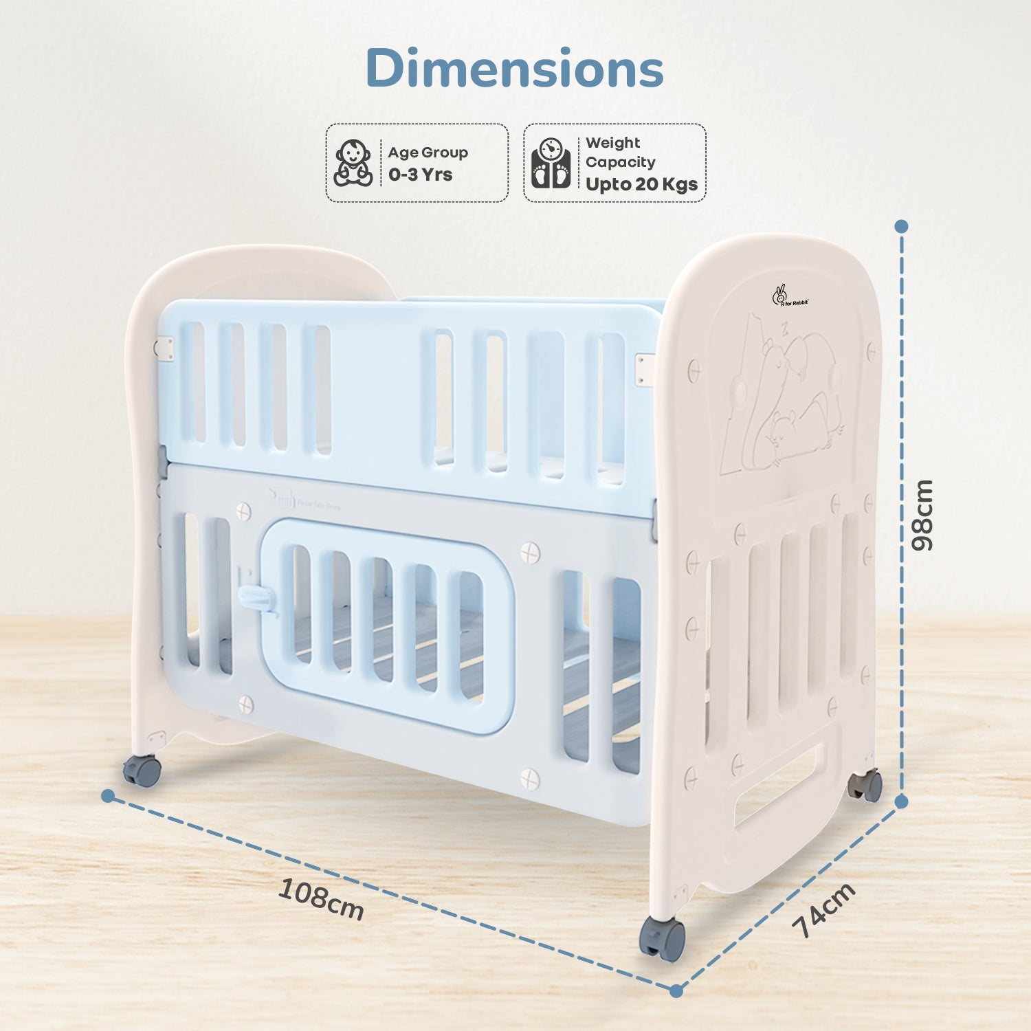 R for Rabbit Dream N Play Plus Cot - Grey Blue Baby Crib