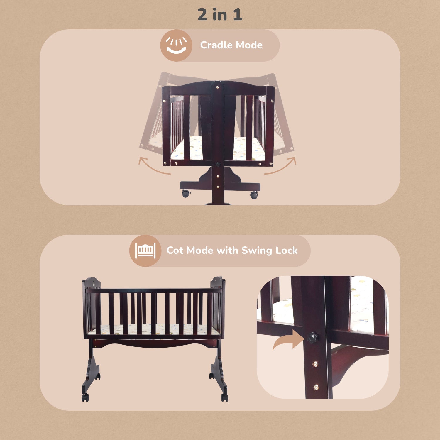 R for Rabbit Dream Time Baby Cot & Crib - Brown - CDDTBR2