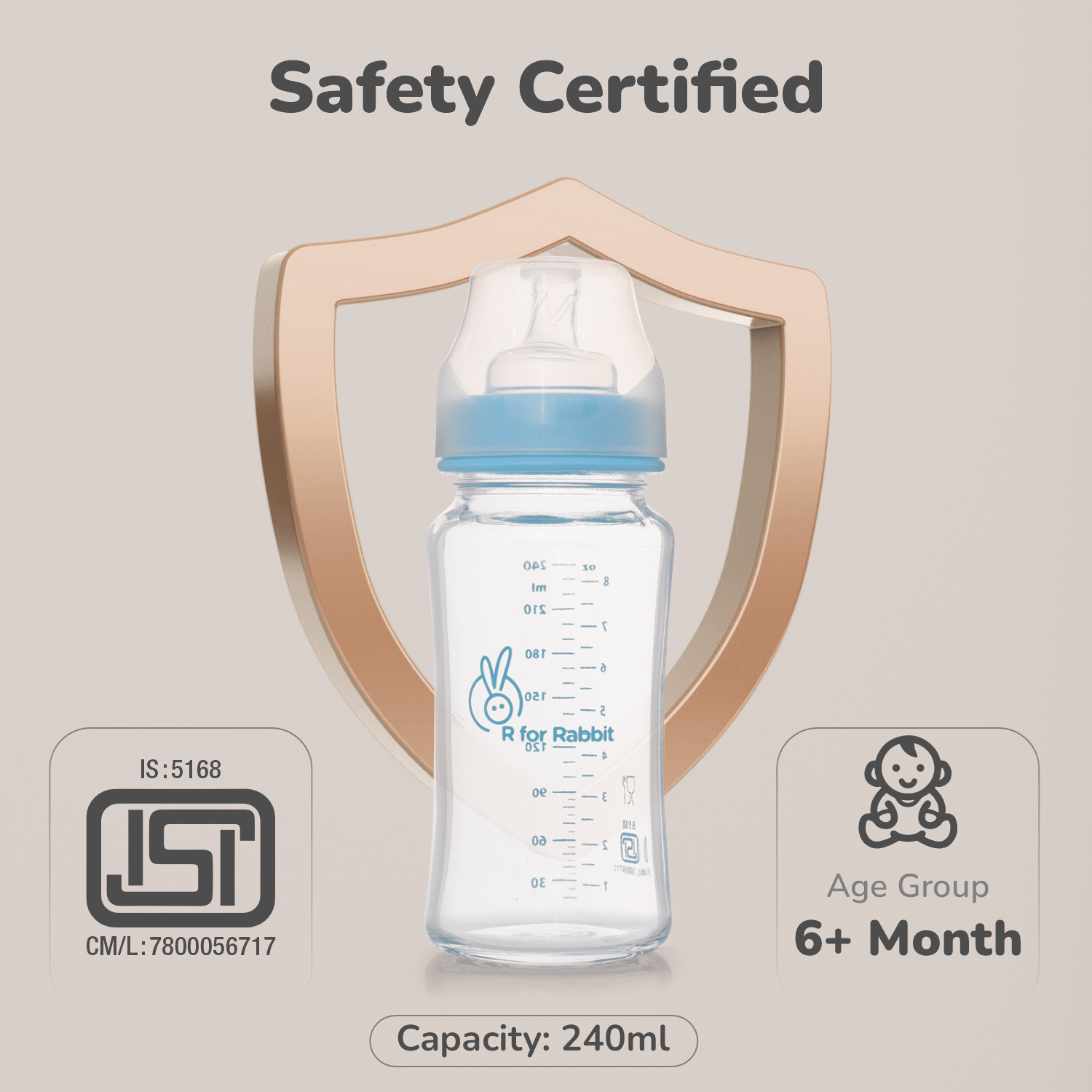 R for Rabbit First Feed Glass Bottle 240ml - Lake Blue - Feeding Bottles