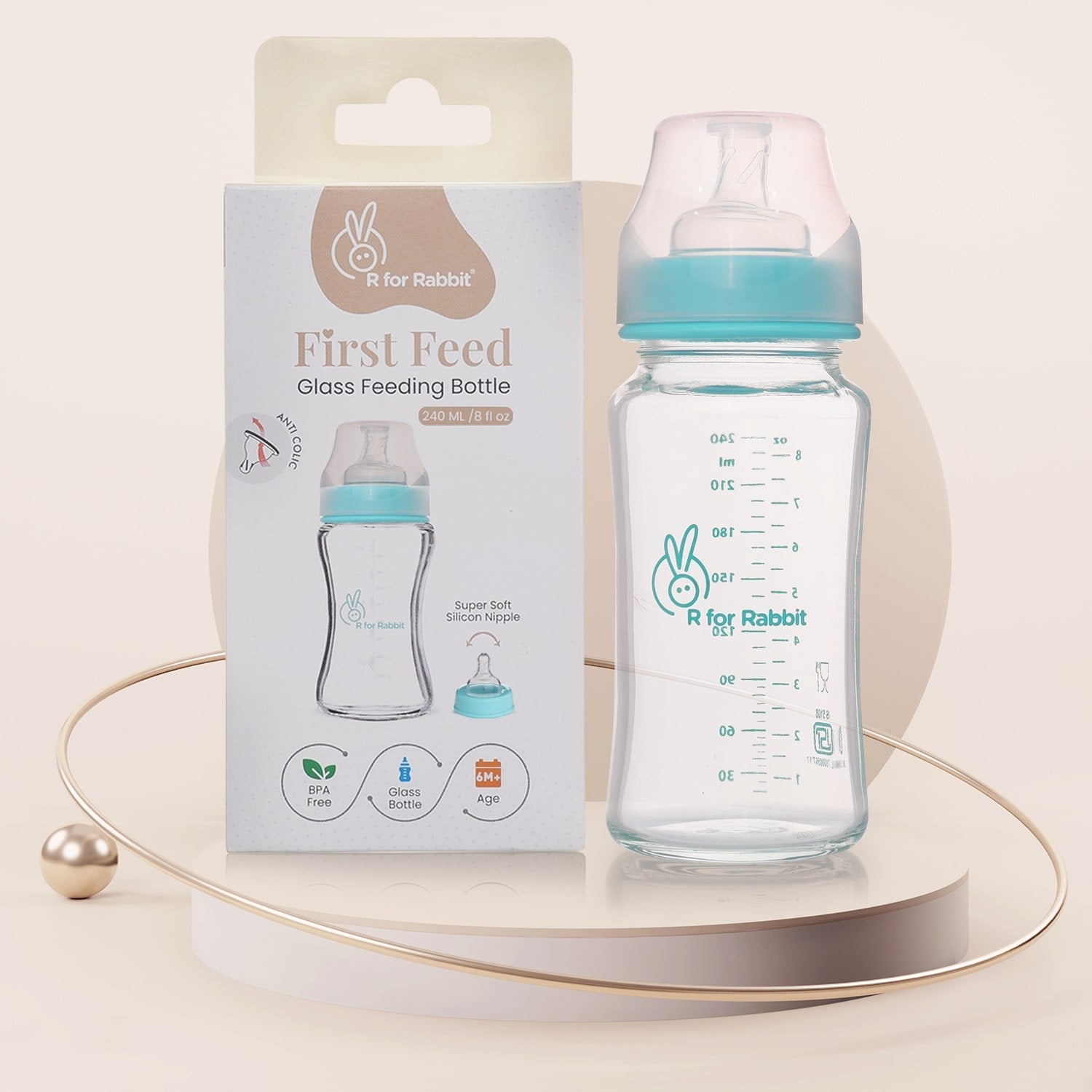R for Rabbit First Feed Glass Bottle 240ml - Sea Green - GBFFSG240 - N