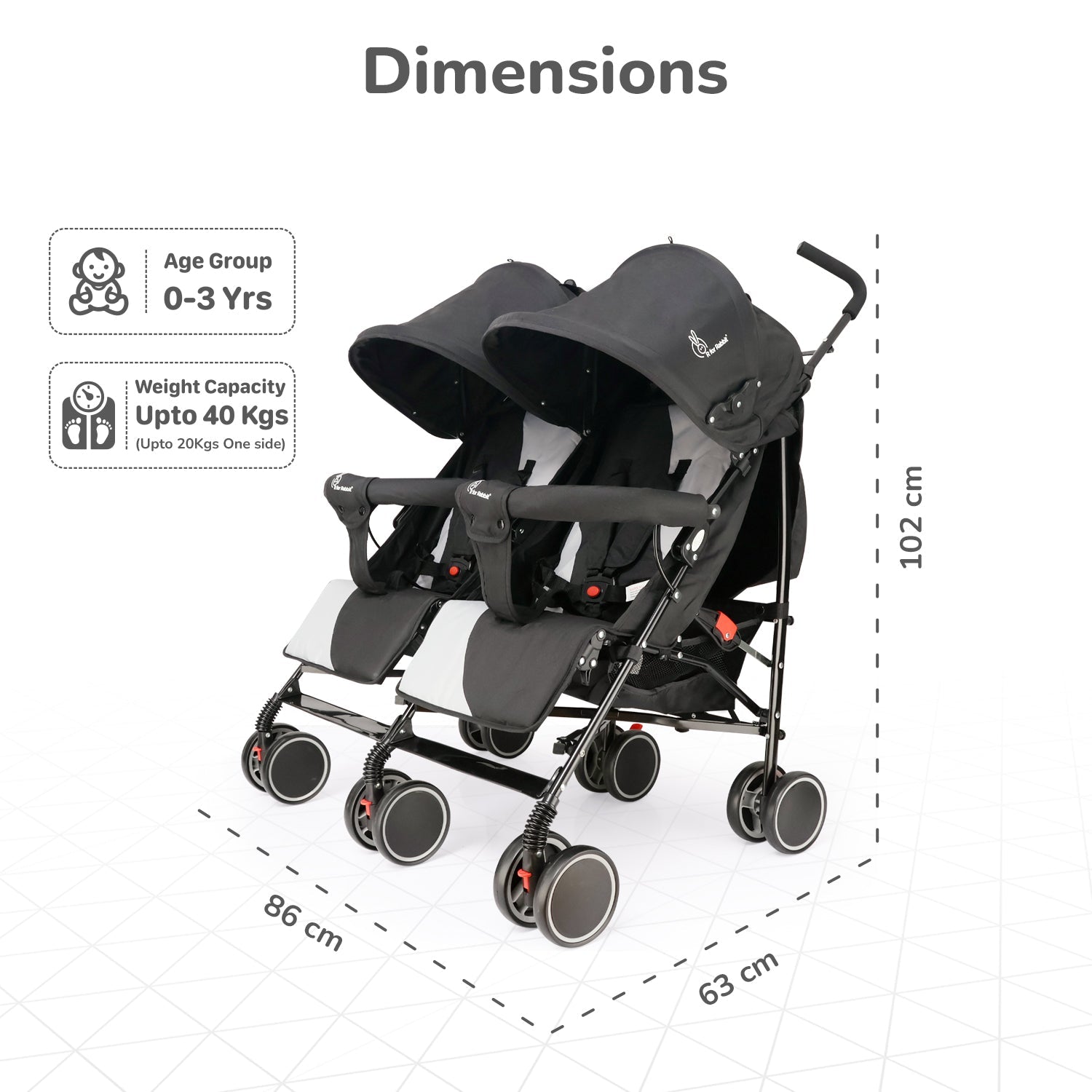 R for Rabbit Ginny And Johnny Twin Strollers & Pram - Grey - Baby Stroller & Prams