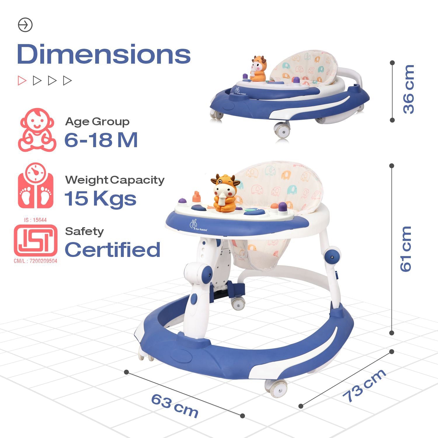 R for Rabbit Little Feet Plus Baby Walker Blue White Baby Gear - Baby Walker