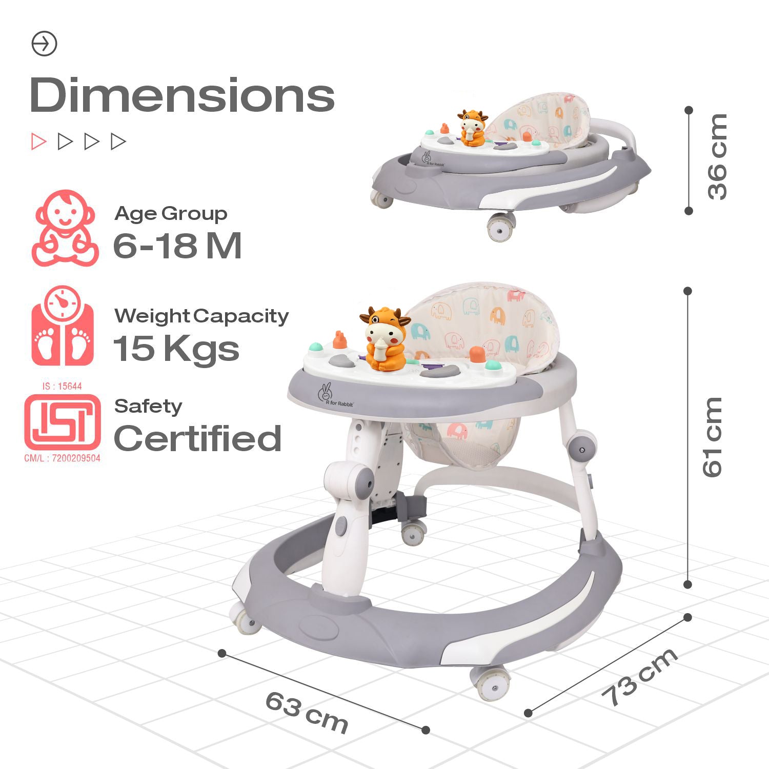 R for Rabbit Little Feet Plus Walker 2 - in - 1 with Music & Light - 64 X 15 X 74 cm Baby Walker