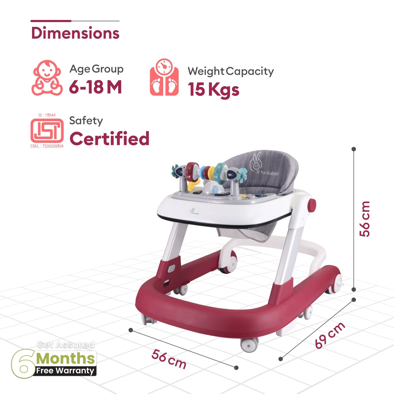 R for Rabbit Little Feet - Red - Baby Walker