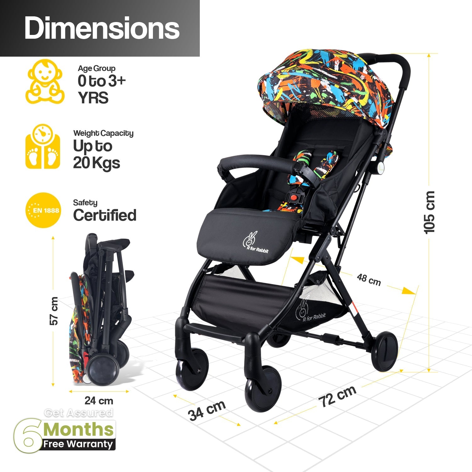 R for Rabbit Pocket Stroller Lite - Black Multi - Baby Stroller & Prams