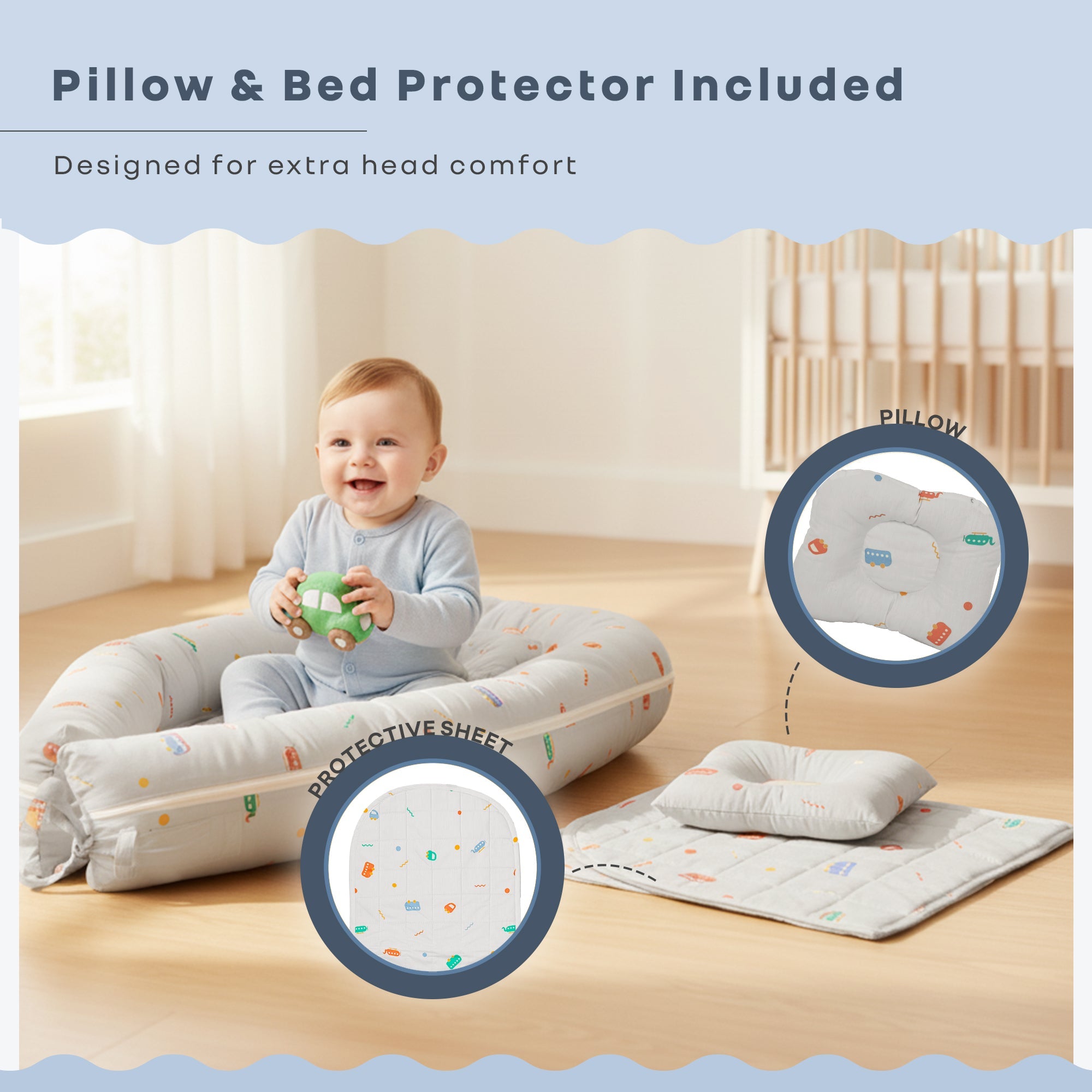 R for Rabbit Snuggy Cuddles Newborn Baby Bed - Anti - Roll Baby Nest - 100% Cotton Breathable Lounger - Bedding Set