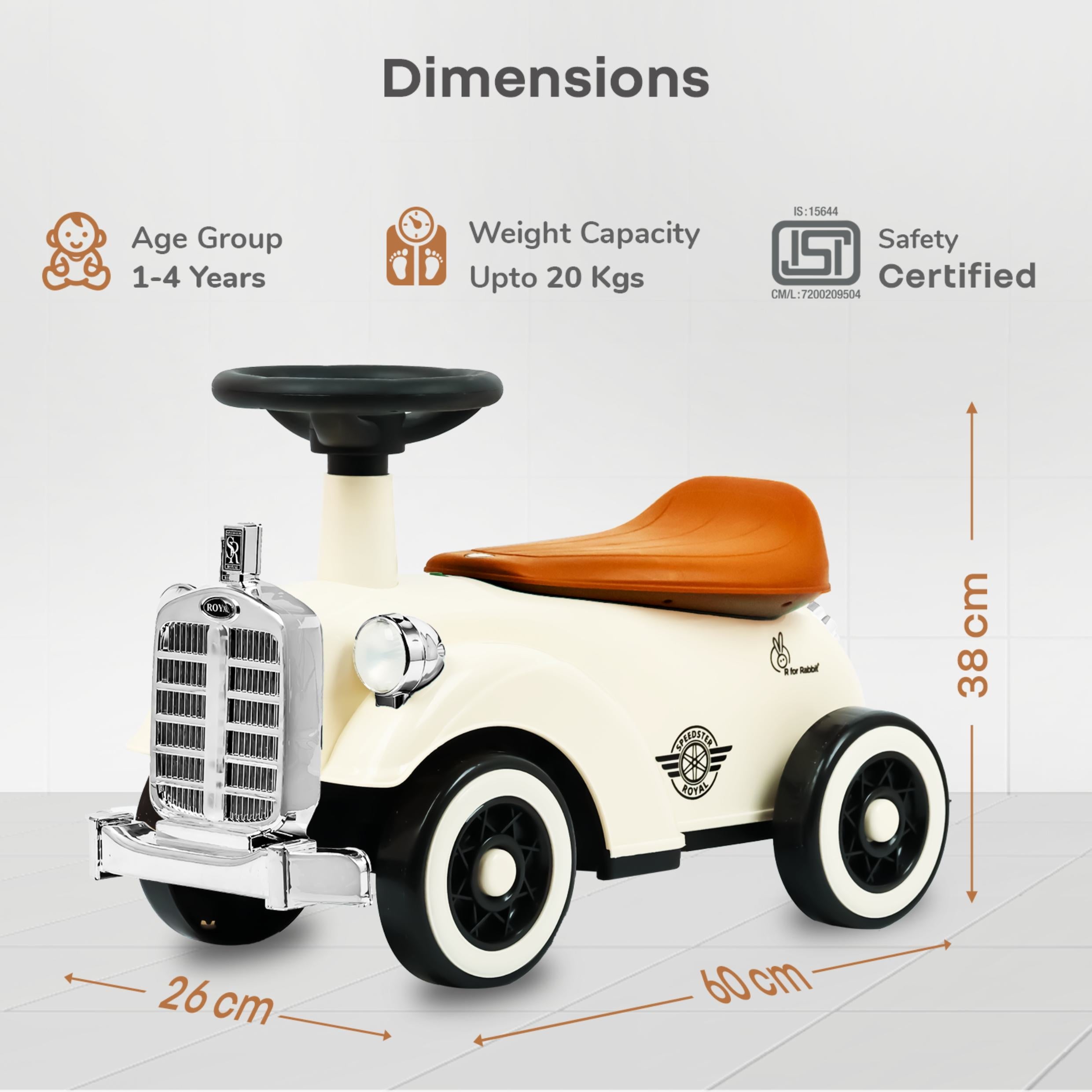 Children's toy car with dimensions and certification details on a white background