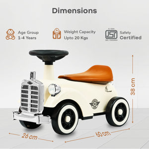 Children's toy car with dimensions and certification details on a white background