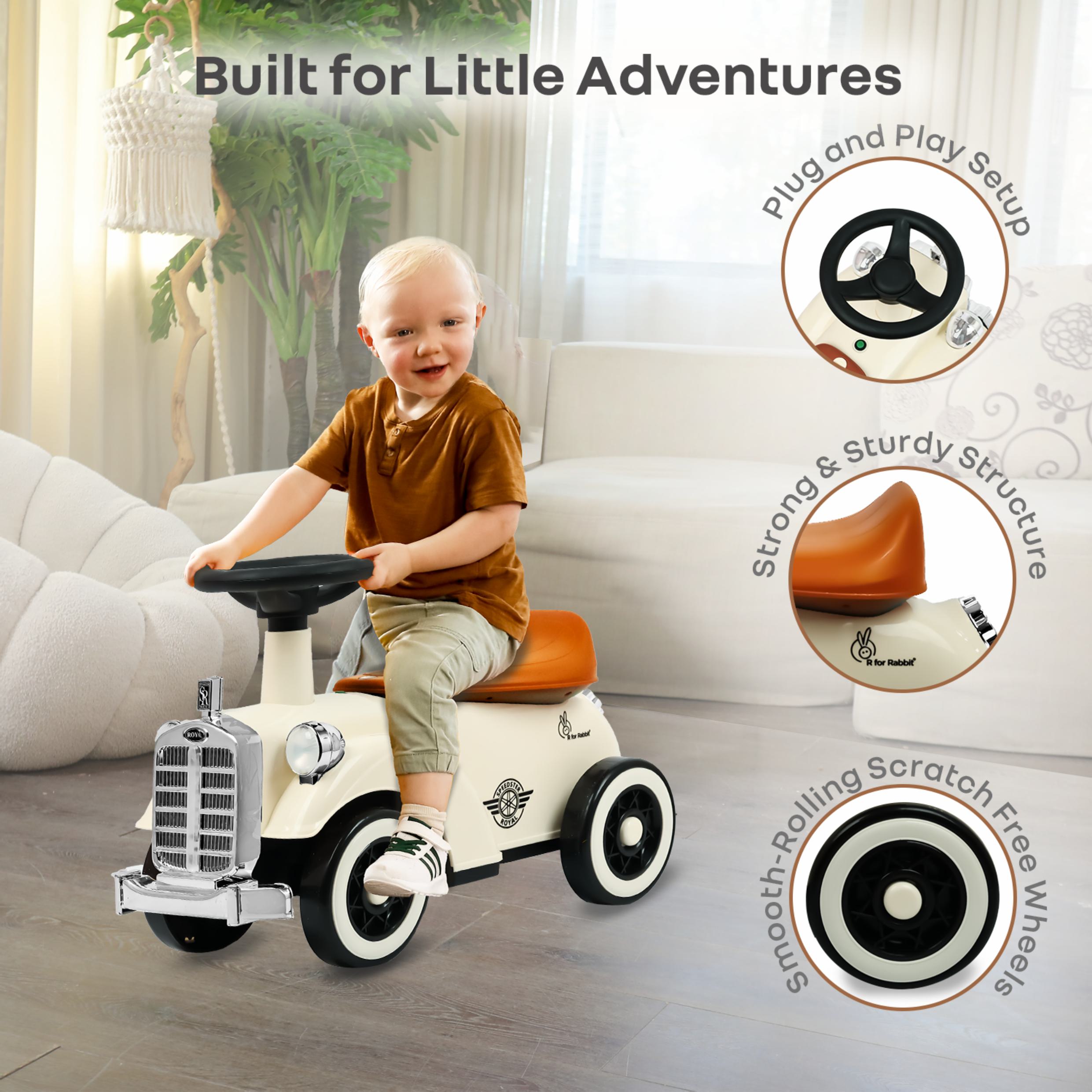 Child playing with a toy car in a living room, with text highlighting features.