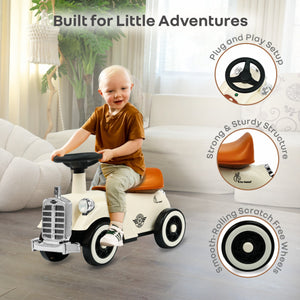 Child playing with a toy car in a living room, with text highlighting features.