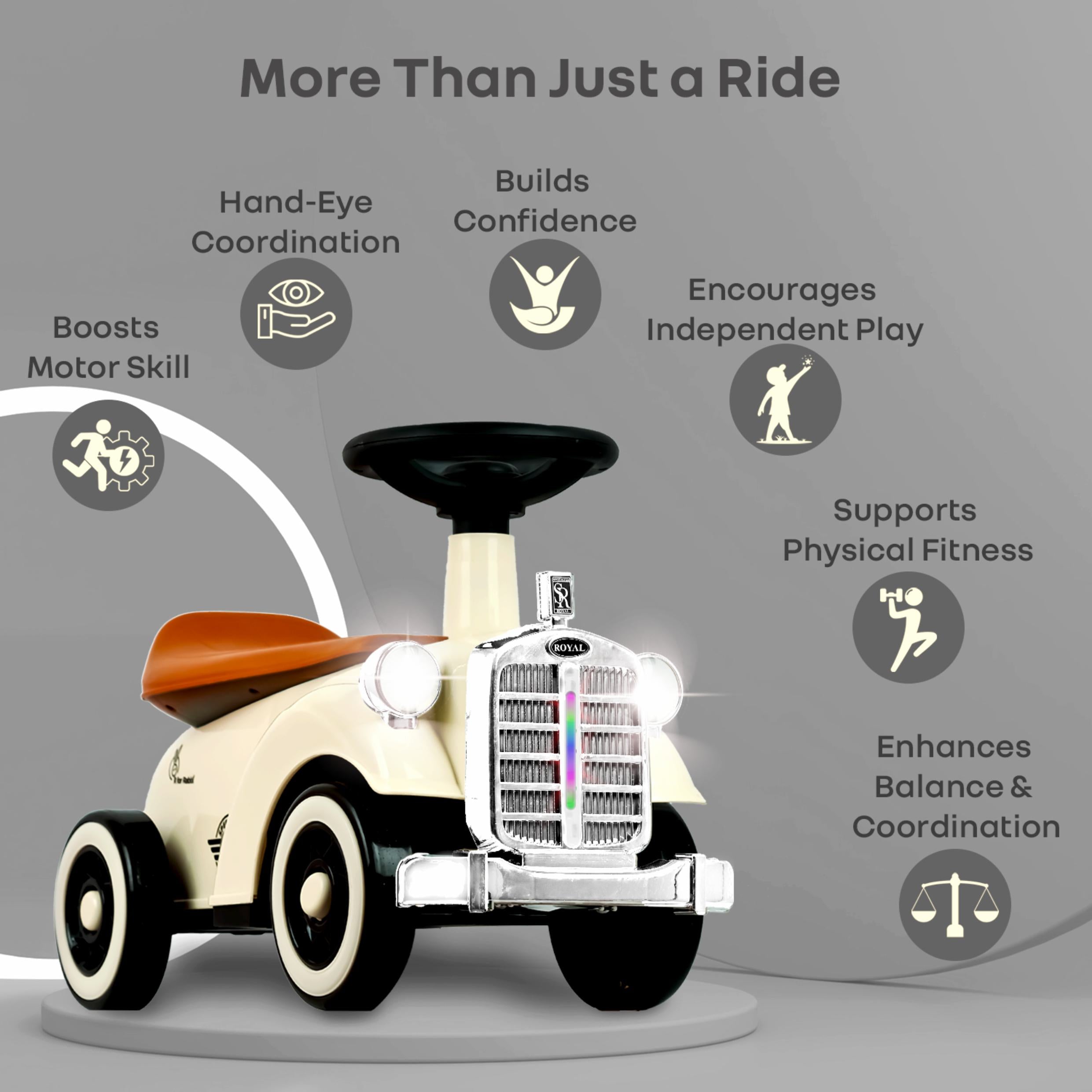 Toy car with text highlighting its benefits on a gray background