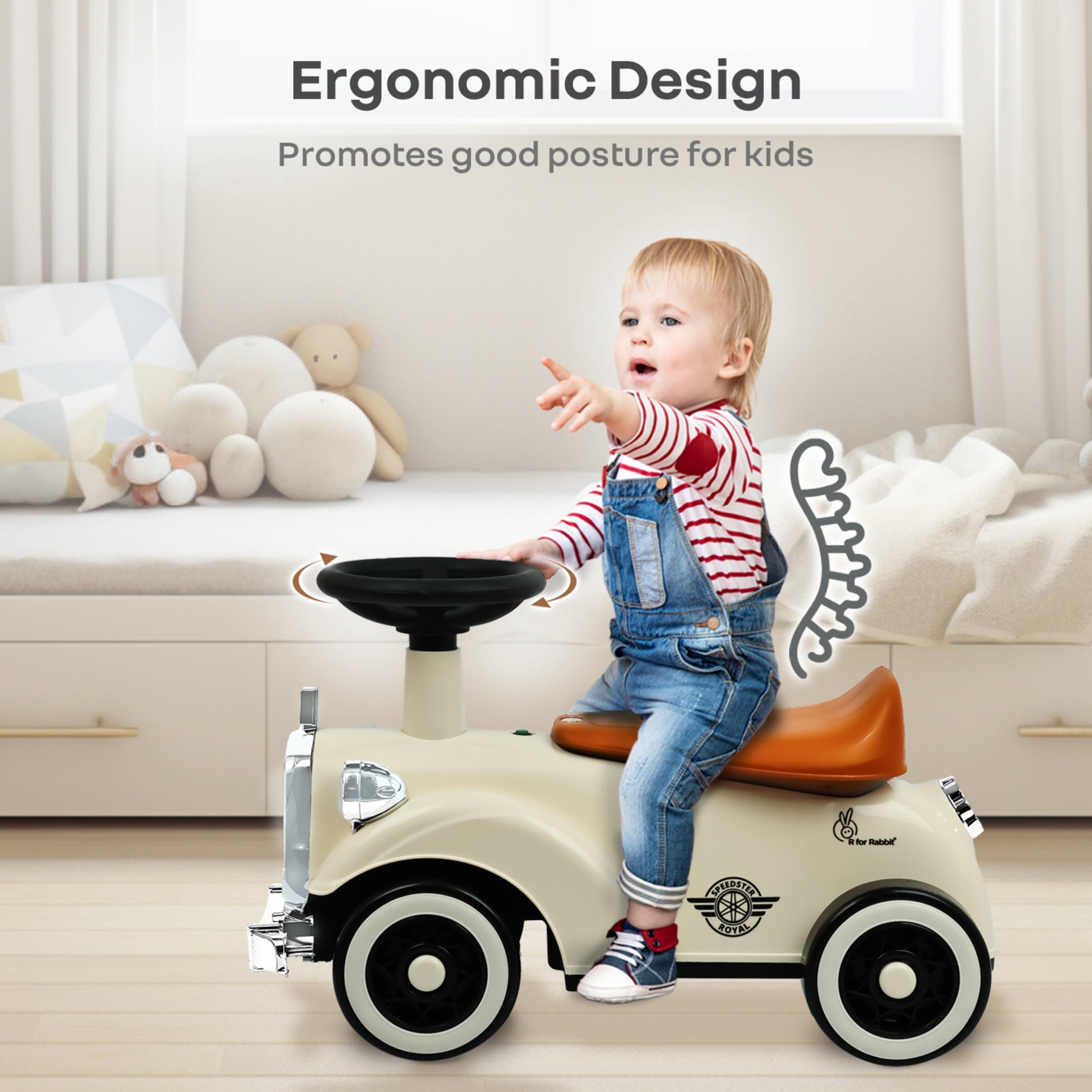 Child sitting on a toy car with ergonomic design features, promoting good posture.