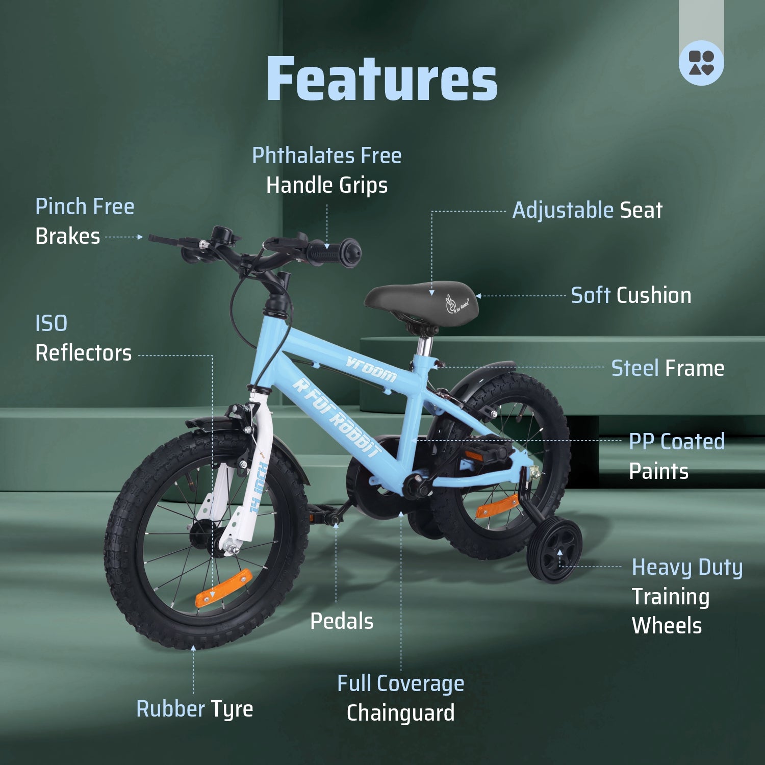R for Rabbit Vroom Bicycle Lake Blue - 14Inch - BLVRLB14