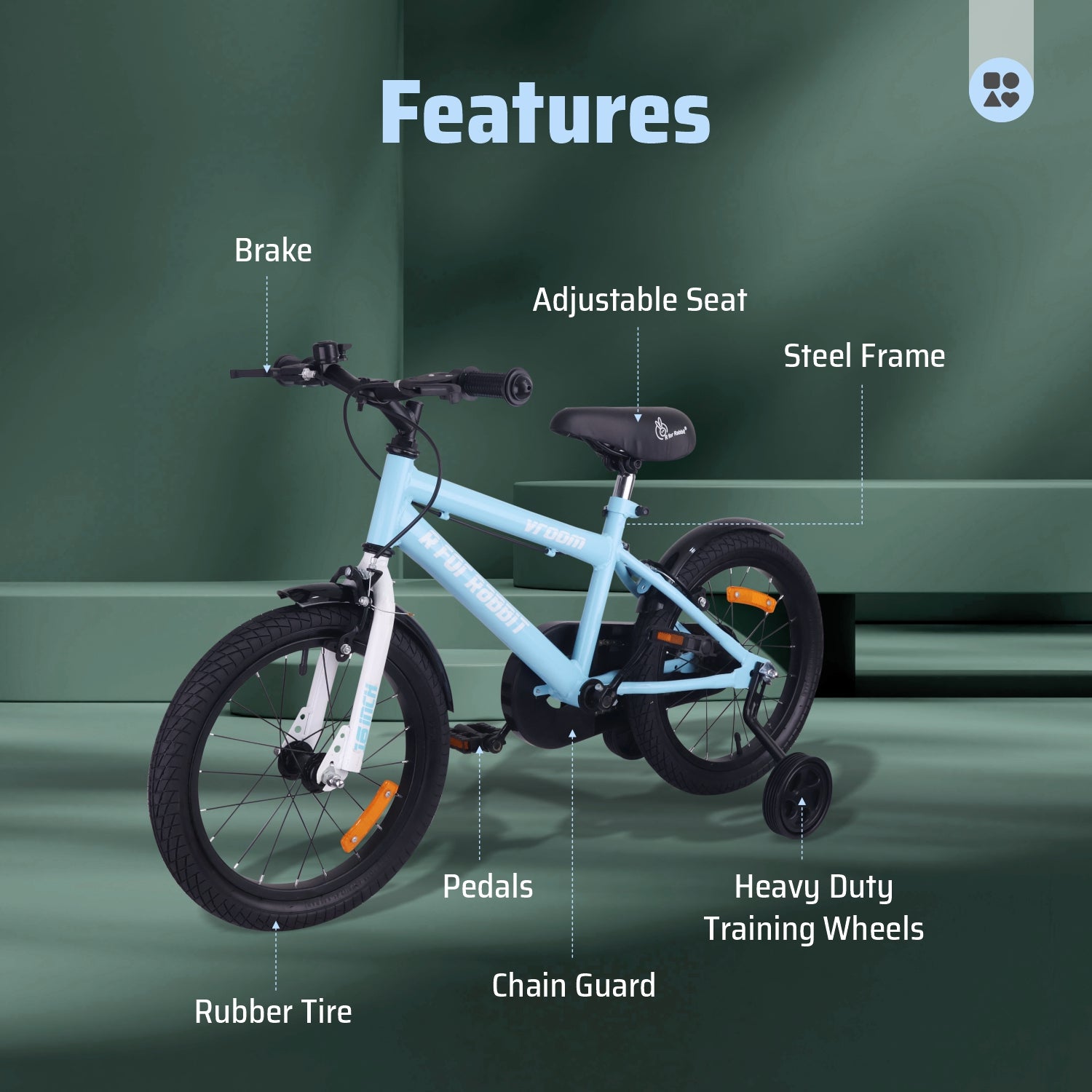 R for Rabbit Vroom Bicycle Lake Blue - 16Inch - BLVRLB16