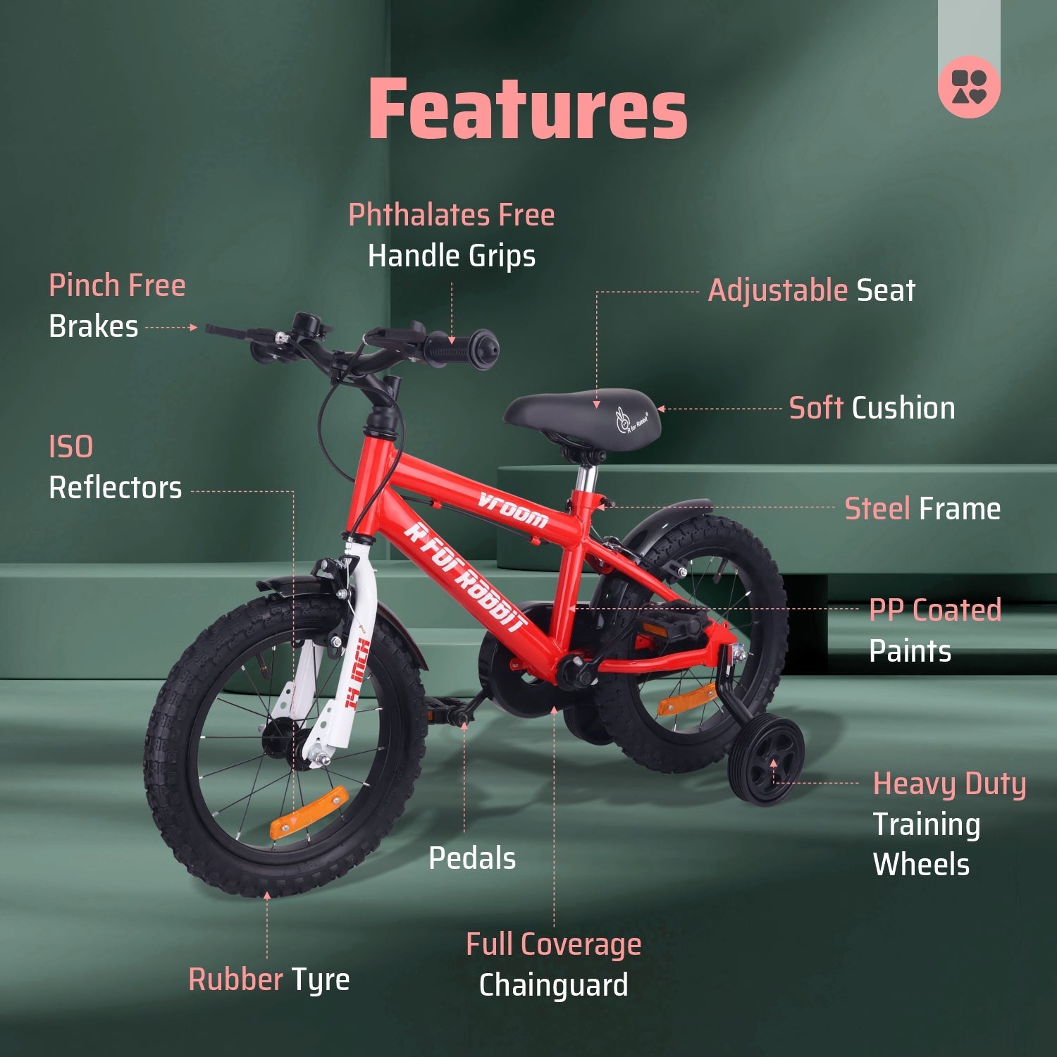 R for Rabbit Vroom Bicycle Red - 14Inch - BLVRRD14