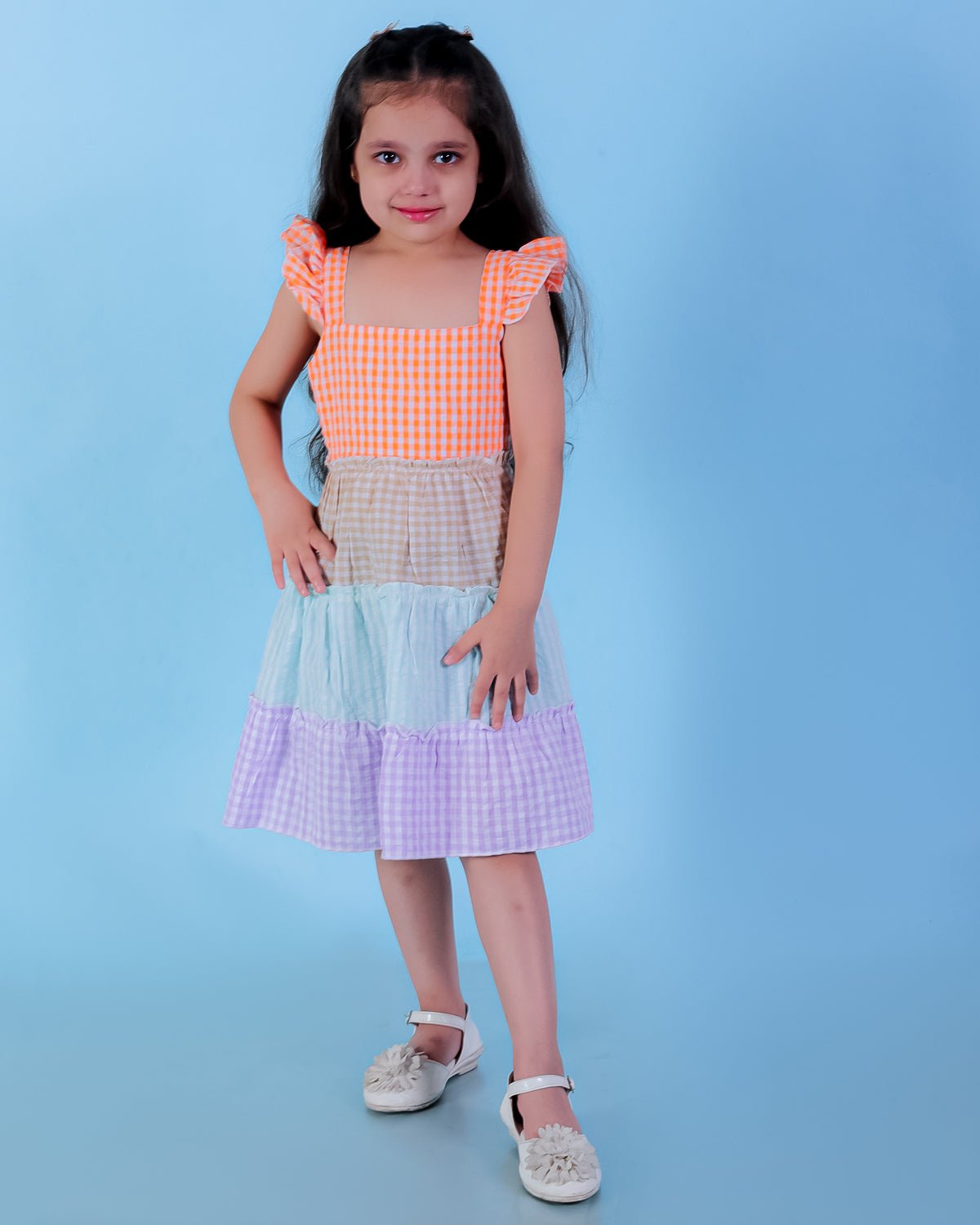 Rainbow Checkered Charm Girls Casual Dress
