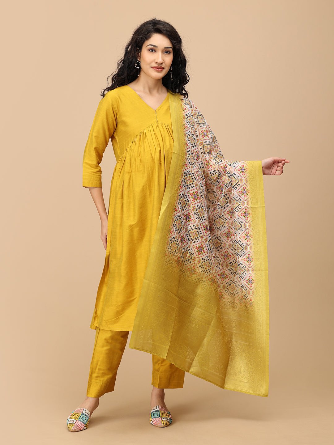 Front view of The Mom Store mustard silk maternity & nursing kurta set with multicolor printed dupatta.