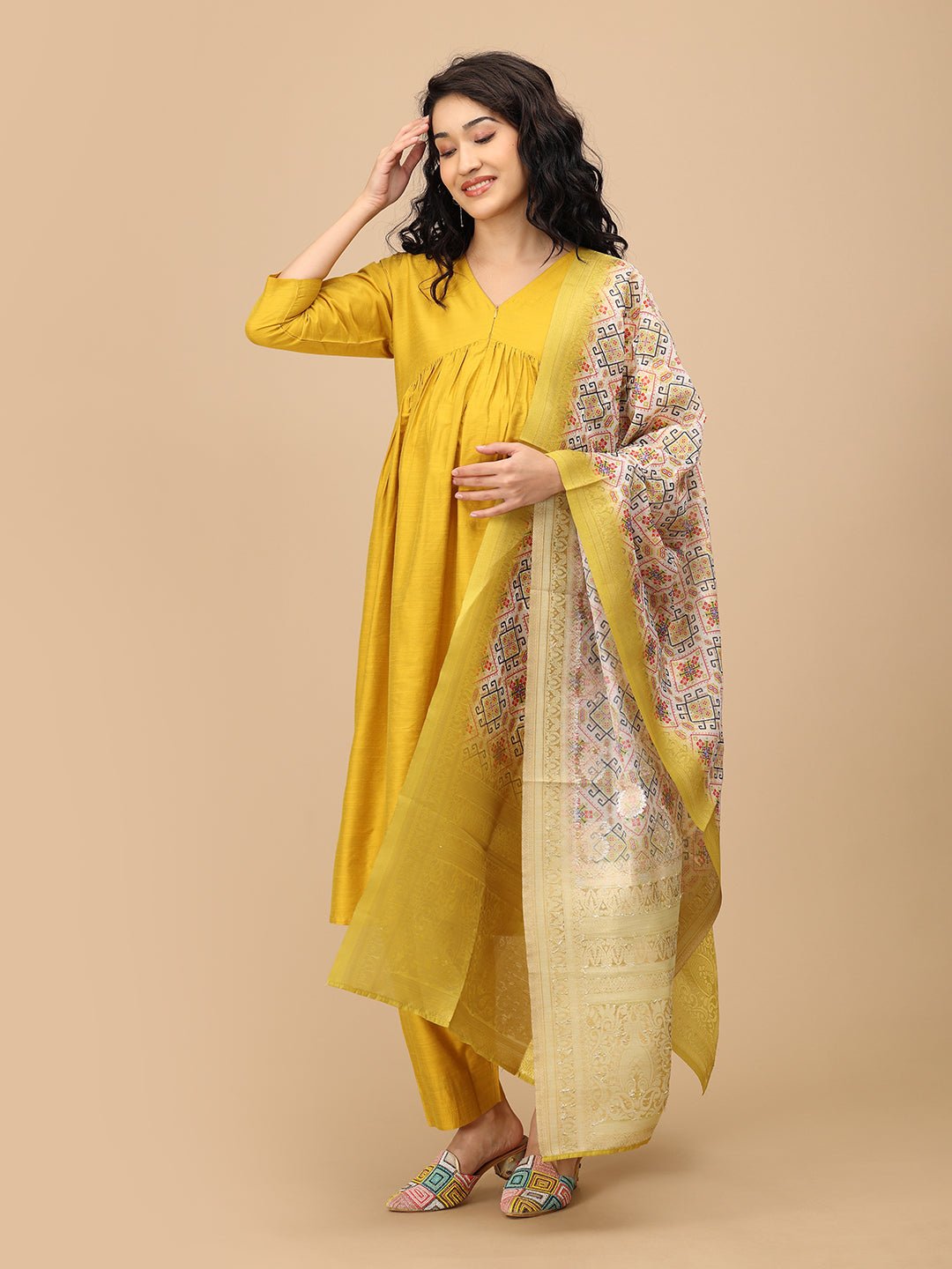 Front pose of The Mom Store mustard maternity and nursing silk kurta set with printed dupatta.