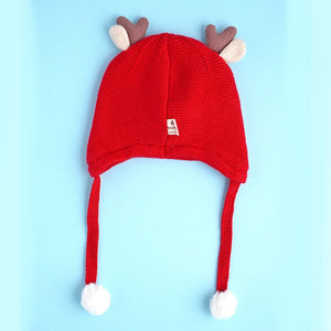 Red Baby Antler Knitted soft Woolen Winter Cap with tie up, 6 - 18 months - 6 - 18 Months Winter Wear