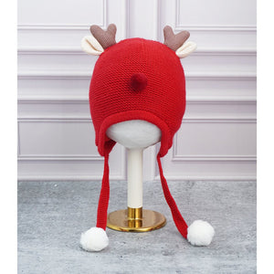 Red Baby Antler Knitted soft Woolen Winter Cap with tie up, 6 - 18 months - 6 - 18 Months Winter Wear