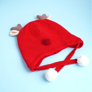 Red Baby Antler Knitted soft Woolen Winter Cap with tie up, 6 - 18 months - 6 - 18 Months Winter Wear