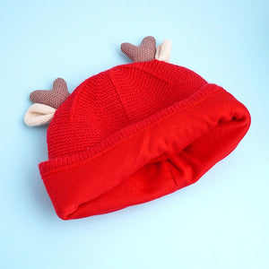 Red Baby Antler Knitted soft Woolen Winter Cap with tie up, 6 - 18 months - 6 - 18 Months Winter Wear