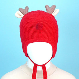 Red Baby Antler Knitted soft Woolen Winter Cap with tie up, 6 - 18 months - 6 - 18 Months Winter Wear