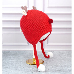 Red Baby Antler Knitted soft Woolen Winter Cap with tie up, 6 - 18 months - 6 - 18 Months Winter Wear