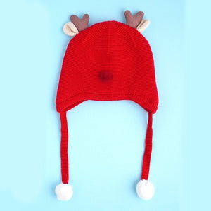 Red Baby Antler Knitted soft Woolen Winter Cap with tie up, 6 - 18 months - 6 - 18 Months Winter Wear
