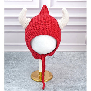 Red Baby Horns Knitted soft Woolen Winter Cap with tie up, 6 - 18 months - 6 - 18 Months Winter Wear