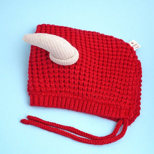 Red Baby Horns Knitted soft Woolen Winter Cap with tie up, 6 - 18 months - 6 - 18 Months Winter Wear
