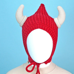 Red Baby Horns Knitted soft Woolen Winter Cap with tie up, 6 - 18 months - 6 - 18 Months Winter Wear