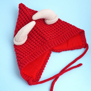 Red Baby Horns Knitted soft Woolen Winter Cap with tie up, 6 - 18 months - 6 - 18 Months Winter Wear