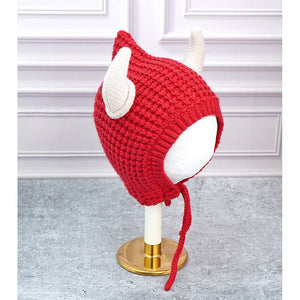 Red Baby Horns Knitted soft Woolen Winter Cap with tie up, 6 - 18 months - 6 - 18 Months Winter Wear