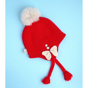 Red Butterfly Knitted soft Woolen Winter Cap with tie up, 6 - 18 months - 6 - 18 Months Winter Wear