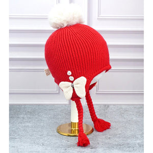 Red Butterfly Knitted soft Woolen Winter Cap with tie up, 6 - 18 months - 6 - 18 Months Winter Wear