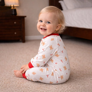 Red Candy Cane and Bear, Full Sleeves Jumpsuit Romper for Tiny Toddlers - 6 - 12 Months Kids Clothing