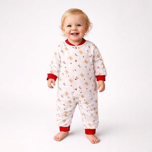 Red Candy Cane and Bear, Full Sleeves Jumpsuit Romper for Tiny Toddlers - 6 - 12 Months Kids Clothing